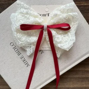 Cotton Butterfly Hair Bow – Elegant Lace Bow with Satin Ribbons