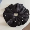 Pearl Dew Scrunchie – Elegant Pearl Hair Tie with black Pleated Fabric