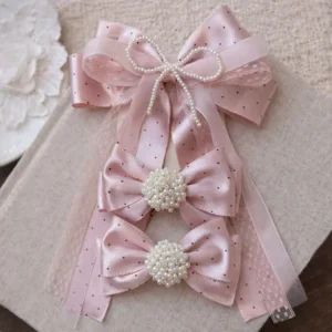 Pink Polka Hair Bows – Polka Dot Ribbon Bows with Pearl Accents