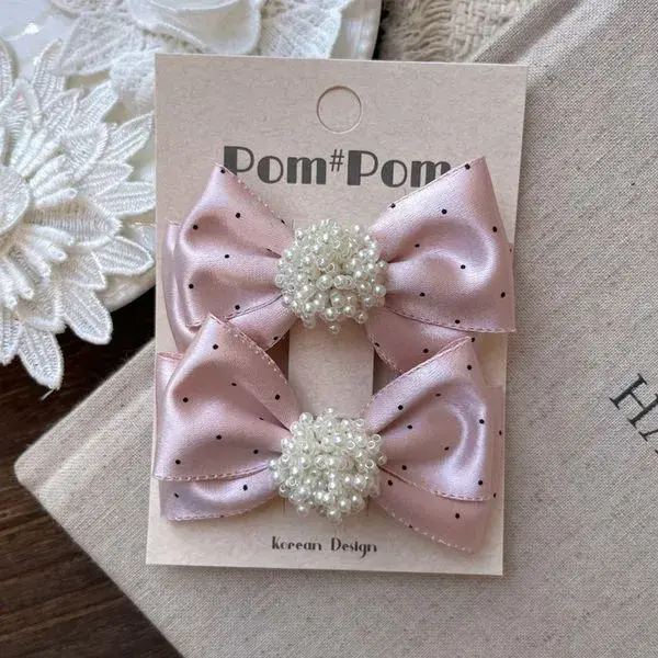 Pink Polka Pink Polka Hair Bows – Polka Dot Ribbon pair Bows with Pearl Accents