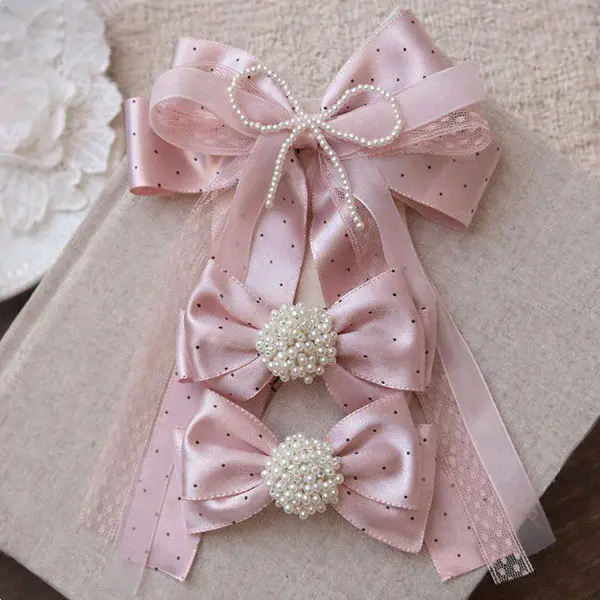 Pink Polka Hair Bows – Polka Dot Ribbon Bows with Pearl Accents