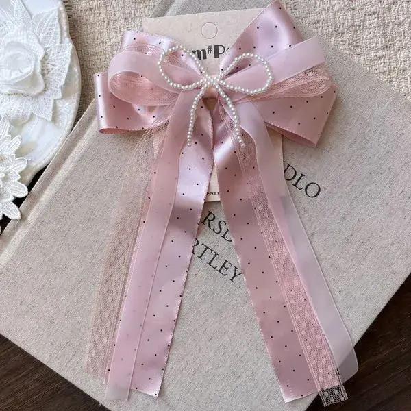 Pink Polka Pink Polka Hair Bows – Polka Dot Ribbon Bows with Pearl Accents