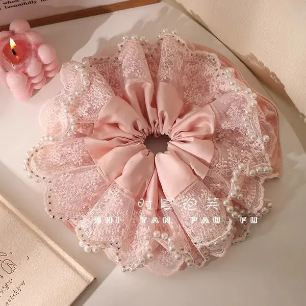 Princess Pearl Scrunchie | Elegant Pearl Hair Tie Princess Pearl Scrunchie – Elegant Pearl pink Hair Tie with Lace