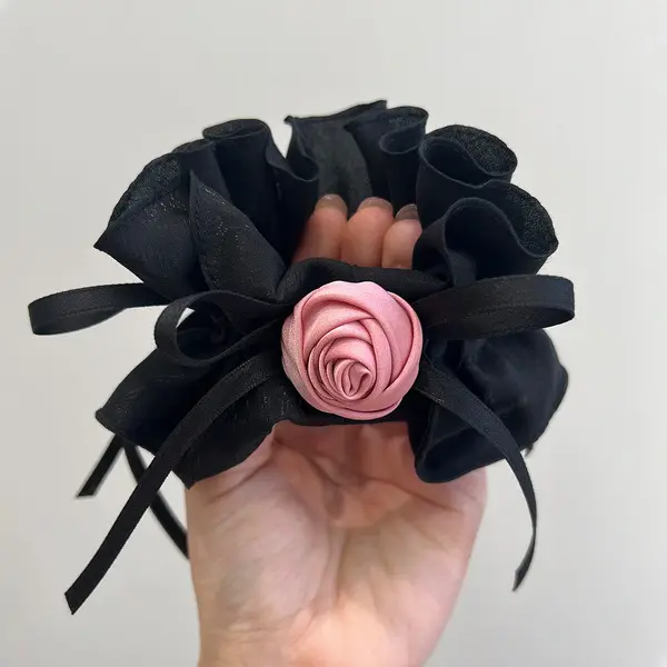 Rose Cloud Scrunchie | Elegant Flower Hair Tie Rose Cloud black Scrunchie – Elegant Flower Hair Tie with Ruffles