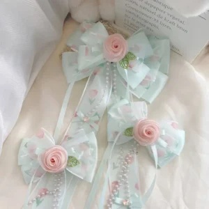 Rose Garden Hair Bow – Premium Flower Bow with Ribbons & Pearls