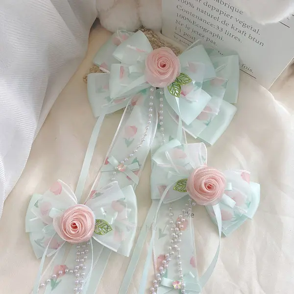 Rose Garden Hair Bow – Premium Flower Bow with Ribbons & Pearls