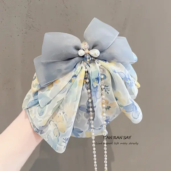Sweet Tassel Hair Bow | Elegant Flower Bow for Women & Girls sweet tassel blue hair bow for girls in Bangladesh