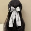 Black Swan Hair Bow – Elegant Black & White Hair Clip with Lace and Jewel