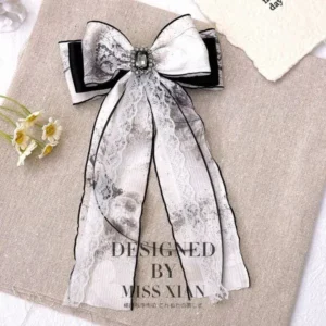 Black Swan Hair Bow – Elegant Black & White Hair Clip with Lace and Jewel