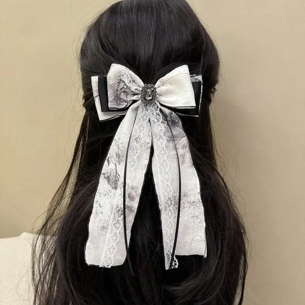 Black Swan Hair Bow – Elegant Black & White Hair Clip with Lace and Jewel