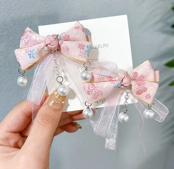 Kids Pair Ribbon Bow Hair Clip – Pearl Tassel Hair Accessory cute pair hair clip for baby girls