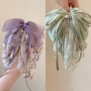 Floral Pearl Ribbon Hair Claw – Chic Pearl Hair Clip