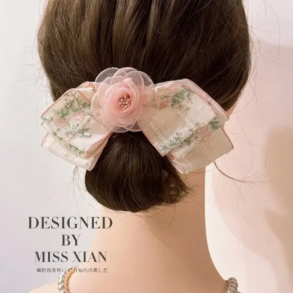 Floral Ribbon Bow Hair Clip with Flower by Miss Xian