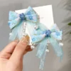 Kids Pair Ribbon Bow Hair Clip – Pearl Tassel Hair Accessory pearl tassel kids hair clip