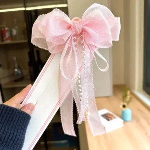 Pearl Bow Hair Clip – Hair Clip with Pearl Accents and Pink Ribbon