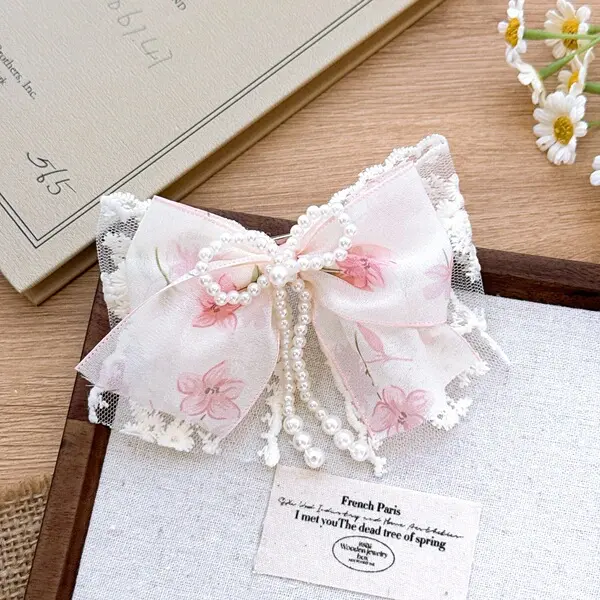 Pink Aura Bow Hair Clip | Ribbon & Lace Clip for Women & Girls Pink Aura Bow Hair Clip – pearl Lace Hair Accessory