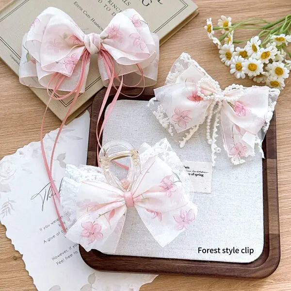 Pink Aura Bow Hair Clip – Ribbon & Lace Hair Accessory
