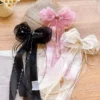 Princess Trail Pearl Hair Bow – Satin Ribbon Hair Clip with Pearls
