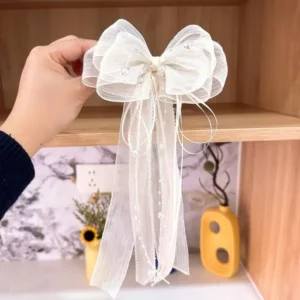 Princess Trail Pearl Hair Bow white – Satin Ribbon Hair Clip with Pearls