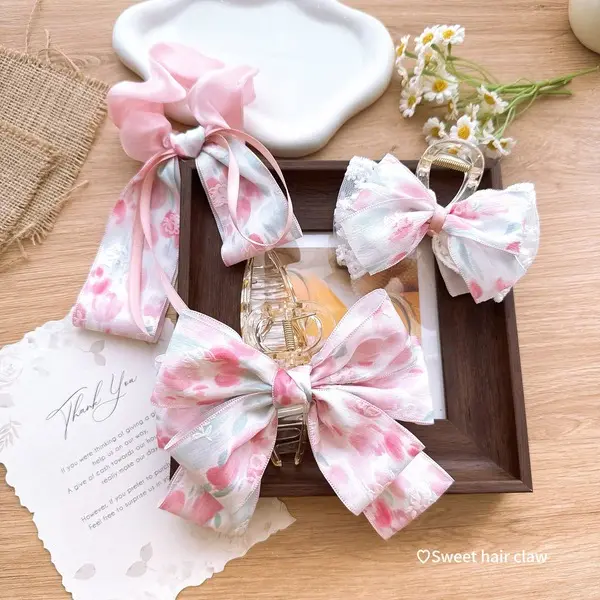 Sweet Floral Hair Claw & tie – Charming Bow Claw with Floral Design