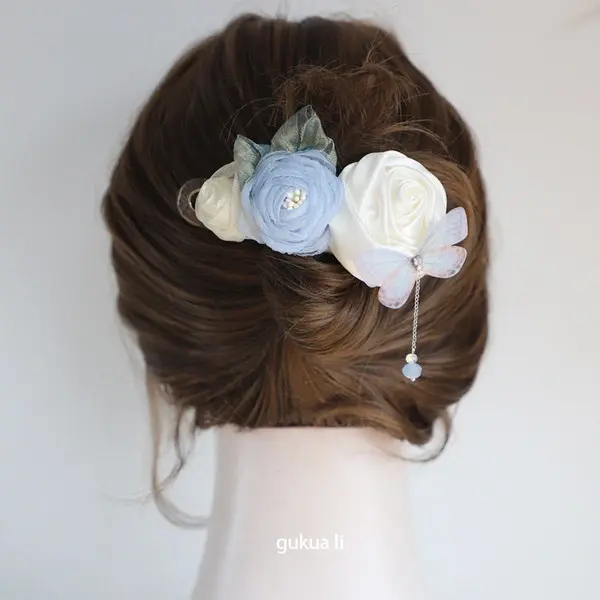 Rose Butterfly Flower Hair Clip for Girls – Butterfly Hair Clips floral bun hair pin for girls