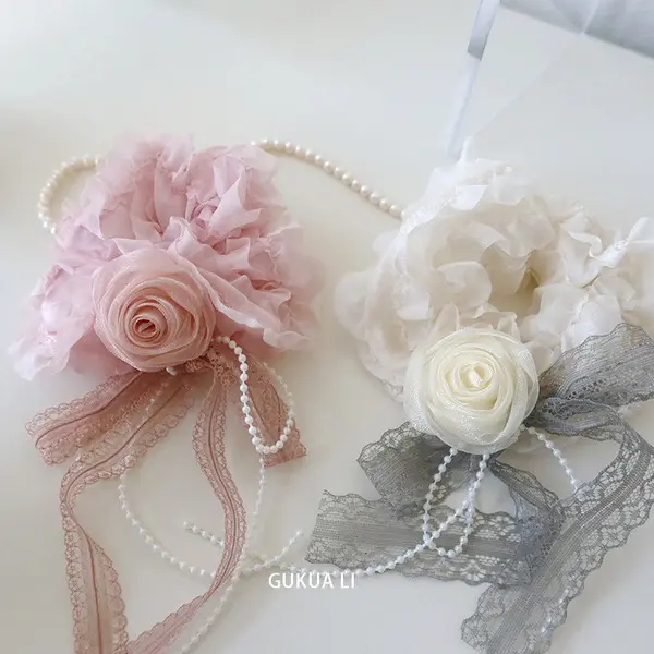 luxe rose lace pearl scrunchie for girls