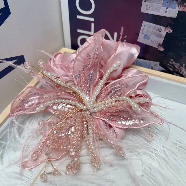 Pearl Floral Feather Scrunchie for Girls – Fairy Ponytail Hair Tie pretty flower hair tie for women