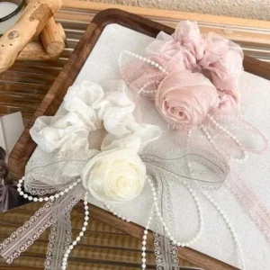 Alternative view of Rose Lace Pearl Scrunchie for Girls – Long Ribbon Hair Tie