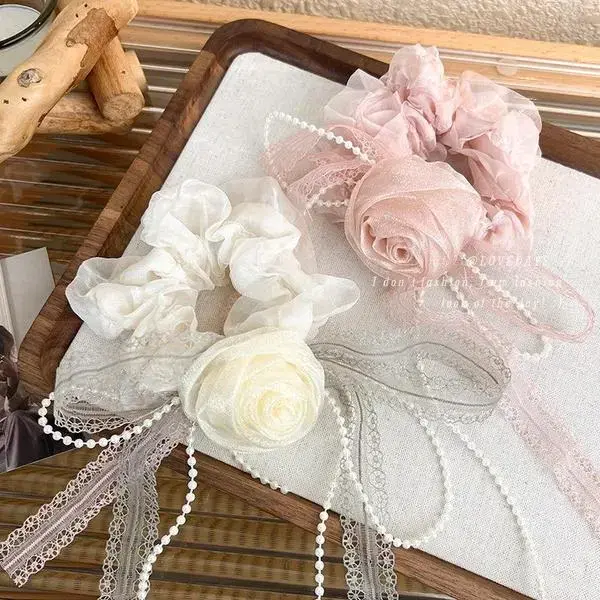 Rose Lace Pearl Scrunchie for Girls – Long Ribbon Hair Tie