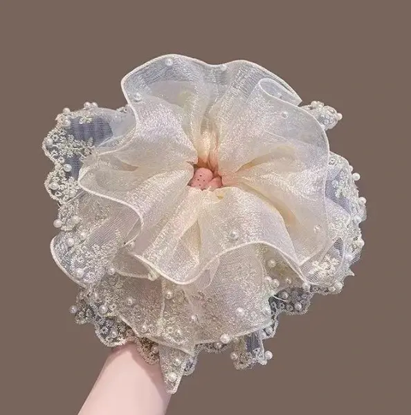beige embroidered large pearl hair tie