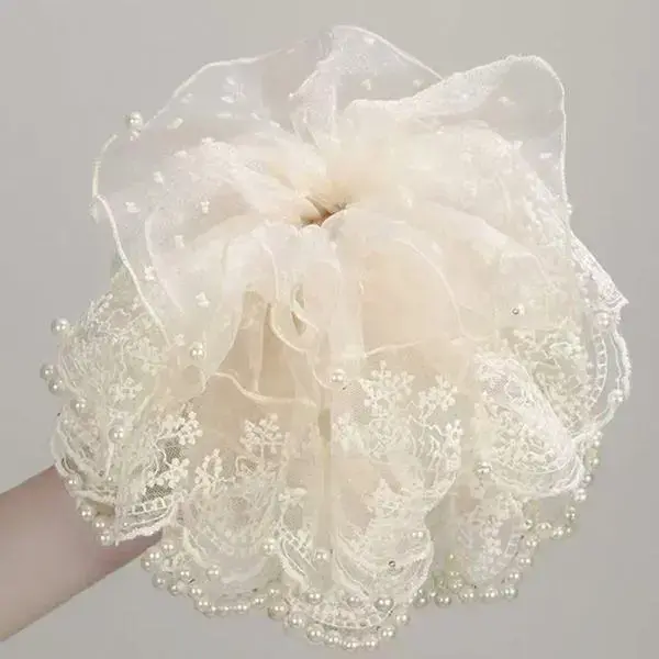 beige lace pearl hair tie