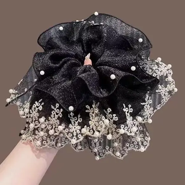 black embroidered large pearl hair tie