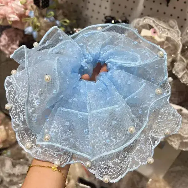 blue lace pearl hair tie