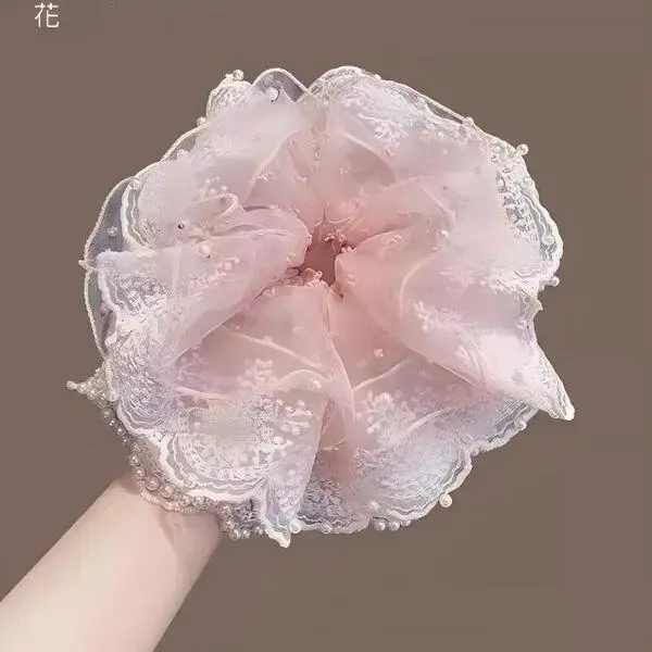 pink lace pearl hair tie