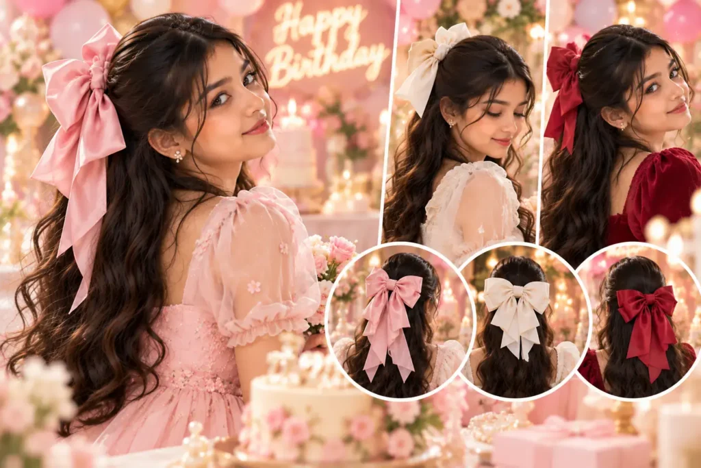 Girl wearing a large hair bow for birthday party styling