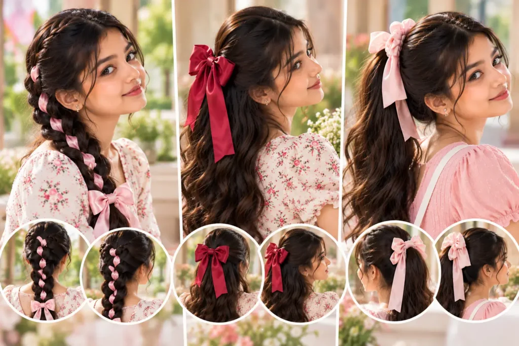 Braided hairstyle with ribbon bow and ponytail bow styling