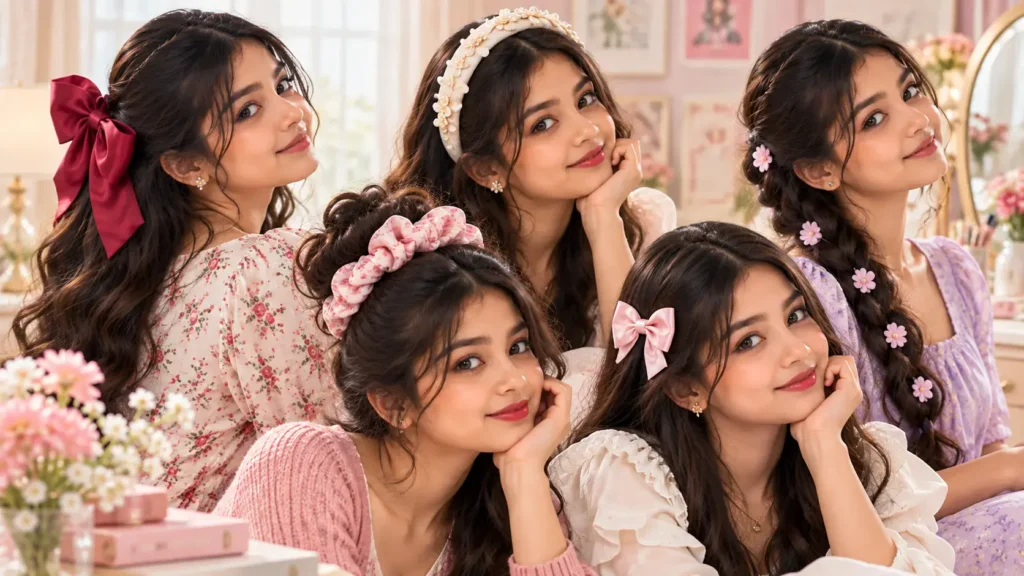 Girls wearing different hair accessories for school and party styling