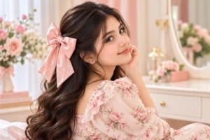 Woman wearing a beautiful hair bow for face shape styling