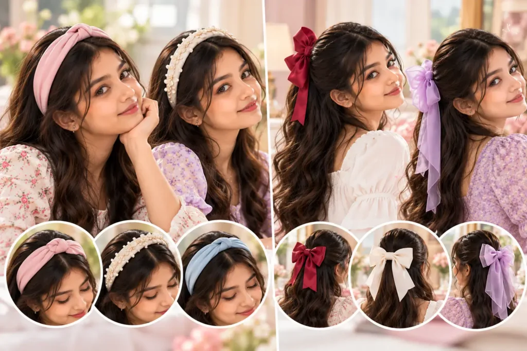Girl wearing headband and half-up hairstyle with statement bow