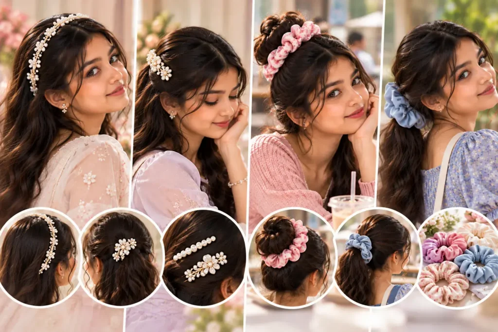 Pearl hair accessories and scrunchie styling for casual and special occasions