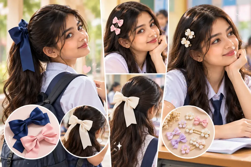 School girl wearing hair bow and double hair clips